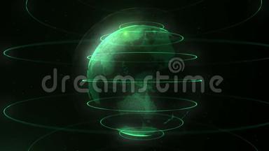点的未来派球。 全球化界面。 球体周围的绿色环圈。 颜色精度。 绿色球体在循环