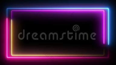 电脑生成的彩色动画.. 3D在黑色背景上呈现蓝色和粉红色的霓虹灯盒