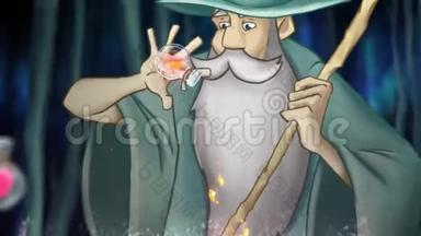 巫师和魔法。库存录像。老巫师在大锅里准备药水的卡通动画。巫师混合药剂