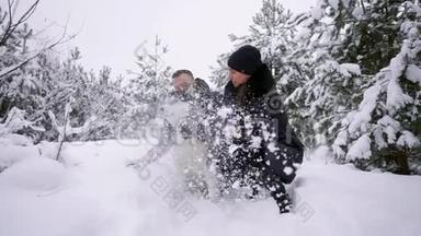 美丽的家庭，一个男人和一个女孩在冬天的森林里和狗。 玩狗西伯利亚哈士奇..