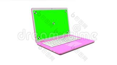现代的<strong>粉色</strong>笔记本电脑，<strong>白</strong>色背景上有一个空<strong>白</strong>的绿色屏幕。有一个阿尔法通道。