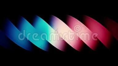 抽象的彩色粉红色和蓝色螺旋的宽弯曲条纹在黑色背景上移动。 动画。 梯度螺旋