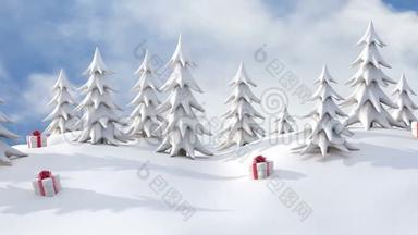 冬季背景、雪松树和圣诞礼盒