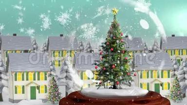 美丽的<strong>圣诞</strong>动画，<strong>圣诞</strong>树在神奇的村庄，<strong>迎</strong>着雪花飘落