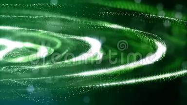 带有辉光绿色<strong>粒子</strong>的三维动画形成抽象的形式和<strong>结</strong>构。 无缝环科幻背景