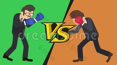 对比屏幕。 穿着拳击手套的商人战斗。 绿色对橙色。 绿色和橙色团队之间的商业斗争。