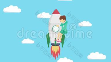 快乐的女商人乘火箭穿过蓝天。 创业，飞跃，创业理念.. 循环动画风格..