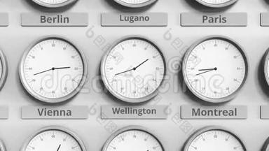 时钟显示新西兰惠灵顿不同时区的时间。三维动画