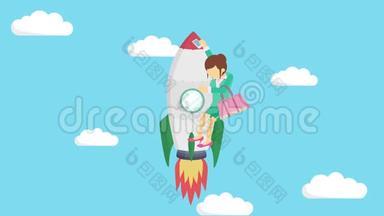 快乐的女商人乘火箭穿过蓝天。 创业，飞跃，创业理念.. 循环动画风格..