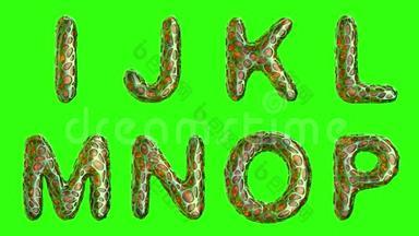 字母从塑料与抽象孔隔离在绿色背景上。 I J K L M N O P. 4K