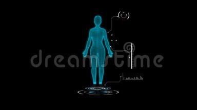 4K3D动画的用户界面HUD与妇女身体分析和DNA移动在黑暗背景下的网络未来主义概念