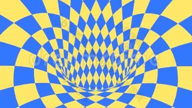蓝色和黄色的迷幻光学错觉。 抽象催眠钻石动画背景.. 菱形壁纸