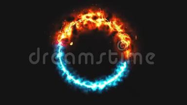 空间中明亮的反人体火和冰环，这是相反的符号，三维渲染，计算机生成的背景