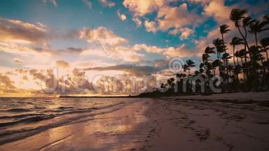 岛式热带海滩，有白沙，绿松石海水和椰子棕榈树.. 多米尼加共和国蓬塔·卡纳