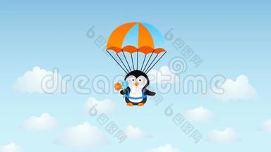 可爱的降落伞企鹅卡通生日贺卡