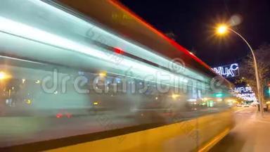 巴塞罗那夜灯繁忙的交通十字路口4k时间间隔西班牙