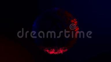 美丽的红色和<strong>蓝</strong>色的小粒子环隔离在黑色背景上。 动画。 抽象的旋转彩圆