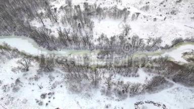 空中观景台。 飞越美丽的冬河和森林.. 冬天的大自然。 景观全景。 乌克兰