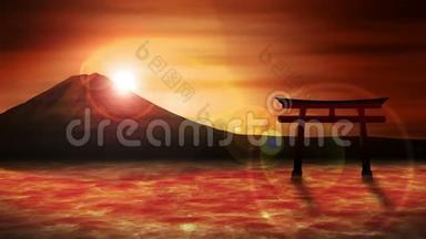 日本的红色Tori门。 <strong>富士山</strong>从湖。 CG循环动画。 <strong>富士山</strong>奇景..