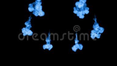 蓝墨水在黑色背景上溶解在水中，用卢马哑光。 计算机<strong>仿真</strong>的三维渲染。 注入水