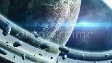 太空场景。 有圆环的行星和蓝光的小行星。 美国宇航局提供的元素。 3D绘制