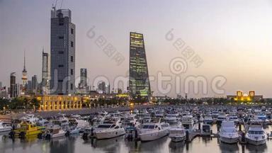 科威特Sharq Marina的游艇和船只日夜不停。 中东科威特市