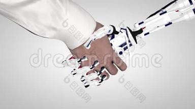商人与人工智能机器人握手。 用机器人手臂握手。 人与人沟通