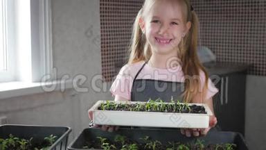 有趣的小园丁关心植物。 可爱的小女孩种树苗。 春观念，自然与<strong>关怀</strong>..