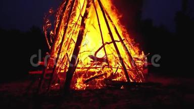 大篝火的原木燃烧在森林的夜晚。 180fps的慢速运动
