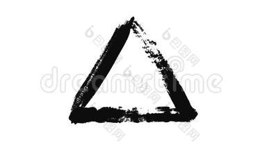 抽象黑刷画一个三角形，白色背景上有黑色墨水，单色。 动画。 摘要
