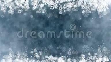圣诞相框背景。 新年问候视频卡上有发光的雪花，星星和雪。 无缝环路抽象冬季ba