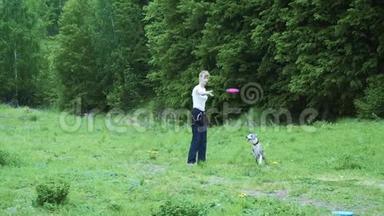 女人玩她的边境牧羊犬，扔飞盘