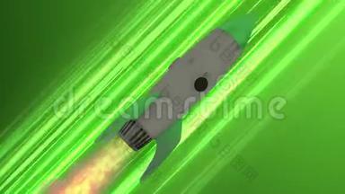 火箭飞船穿越太空动画。 绿色对角线动画速度线。 空间运动背景