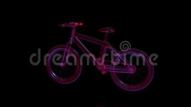 自行车<strong>玻璃</strong>在旋转的黑色背景上发光。 旋转无缝环。 <strong>三维</strong>数字技术可视化