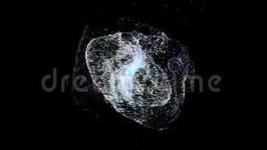 白色<strong>粒子能量</strong>球在黑色背景上旋转。 动画。 白色的小圆点在里面扩散和旋转