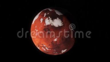 红色星球覆盖冰并在黑色背景上旋转的抽象动画。 动画。 的进程