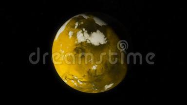 黄色<strong>星球</strong>覆盖冰并在黑色背景上旋转的<strong>抽象</strong>动画。 动画。 的进程