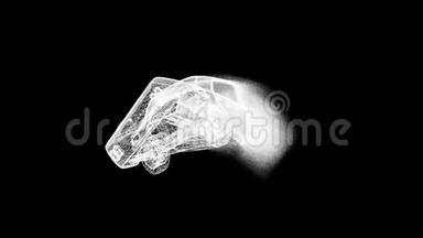 黑色背景3D型汽车。 动画。 在黑色旋转汽车x射线三维模型中收集白色颗粒