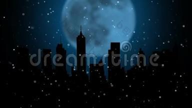夜晚的城市，雪花飞舞，烟花在月亮的背景下，铭刻着快乐的新年