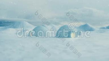 伊格洛站在<strong>冬天</strong>的风景和雪堆上。 大风和暴风雪。 3D<strong>动画</strong>