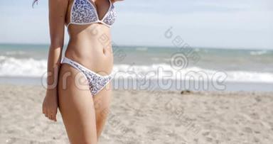 有魅力的女人在刮风的海滩上