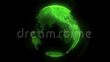 数字绿色地球。 <strong>旋转</strong>地球与闪亮的大陆。 3D动画与数字地球和粒子。
