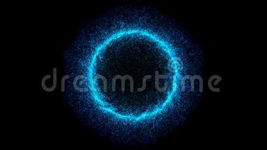 抽象蓝色技术背景.. 发光的旋转粒子。 火花粒子。 空间隧道