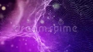 紫色闪亮粒子的抽象动画。 三维渲染抽象数字粒子在黑色背景上与点。