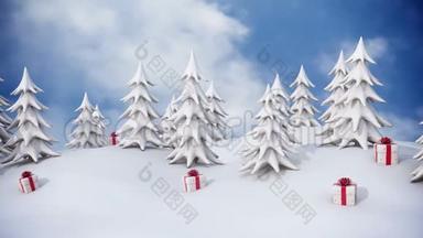 冬季背景、雪松树和圣诞礼盒