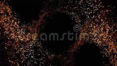 黑色背景上美丽的飞行闪烁橙色粒子的抽象动画。 五颜六色的火花。