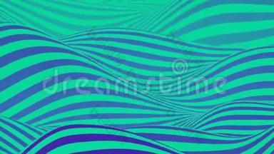 绿蓝色波循环动画.. 未来派几何线条图案运动背景。 三维渲染。 4kUHD