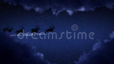 蓝色的<strong>圣诞夜</strong>和云彩，圣诞老人的娱乐和驯鹿的剪影飞行显示圣诞快乐的信息与短信