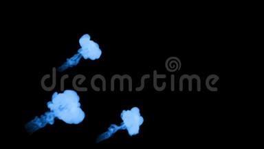 蓝色辉光墨水溶于水的三维渲染，模拟墨水注入，VFX效果与Luma哑光。 黑色7号蓝色