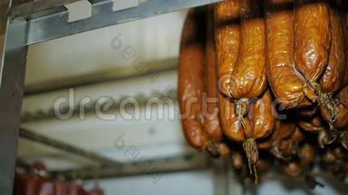 现成的香肠挂在储藏室的冰柜里等着植物分发。香肠香肠肉牛肉